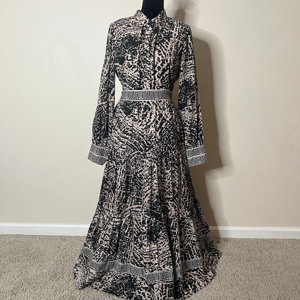 CK Bradley Women’s Black/Tan/Gold Long Sleeve Tiered Cotton Maxi Dress L NWOT - Image 1 of 4