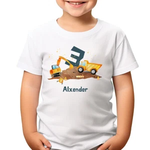 Customisable Construction T-Shirt For Kids Add Name & Age Excavator&Truck#TA-195 - Picture 1 of 9