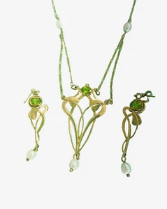 Vintage 9ct gold peridot necklace, earrings Joanna Thomson Celtic Art Nouveau - Picture 1 of 12