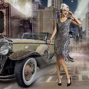 Unique Vintage 1920's Flapper Midi Dress A-Line Sequin Retro Party Grey Costume - Picture 1 of 12