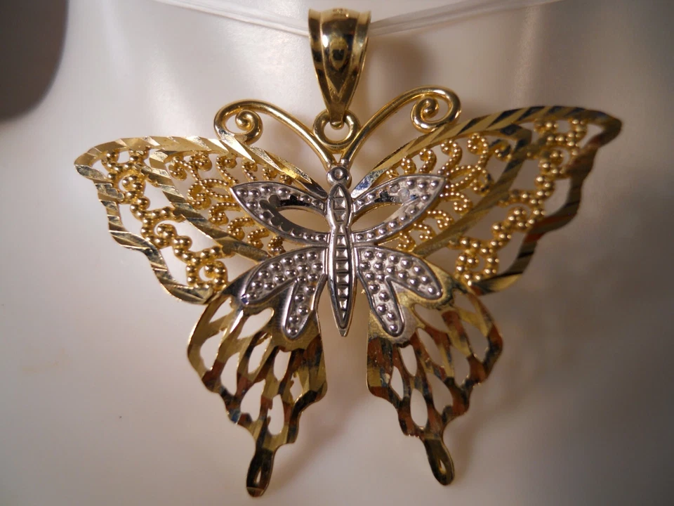 COLLAR COLGANTE FILIGRANA MARIPOSA CORTE DIAMANTE ORO AMARILLO 14K 33MM Foto 1 de 4