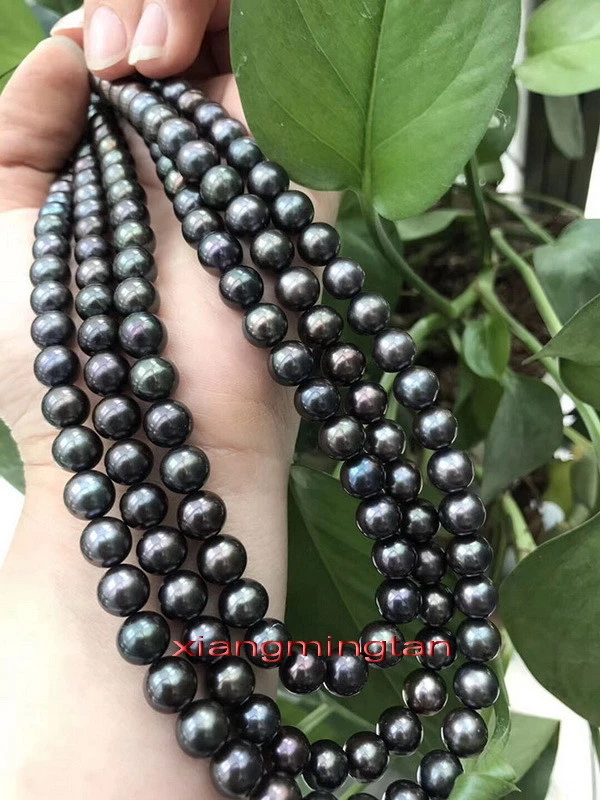 Long AAAAA 48”10-11 mm REAL natural Tahitian round BLACK pearl necklace 14K GOLD Foto 1 de 1