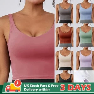 UK Womens Padded Vest Bra Seamless Yoga Fitness Sport Camisole Crop Tank Tops - Picture 1 of 26