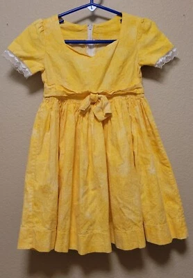 Handmade Dress Vibrant Yellow Girls Fits 4/5 Floral Bow Lace Trim Cotton Blend - Image 1 of 4