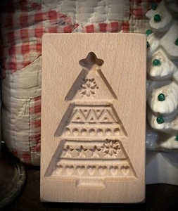 Springerle Keksform geschnitztes Holz Weihnachtsbaum mit Sternen & Schneeflocken - Bild 1 von 19
