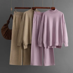 Maglione donna 2 pezzi mezzo collo alto spacco laterale maglia pantaloni larghi gambe larghe larghe larghe - Foto 1 di 29