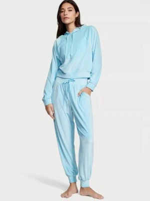 Victoria's Secret XL спортивный костюм комплект толстовка с капюшоном + бегун брюки порошок синий велюр ребристый - Изображение 1 из 4