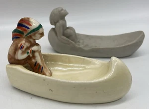 Lot 2 VINTAGE INDIAN CHIEF CANOE CERAMIC ASHTRAY HAND PAINTED GERMANY 6597 - Picture 1 of 10