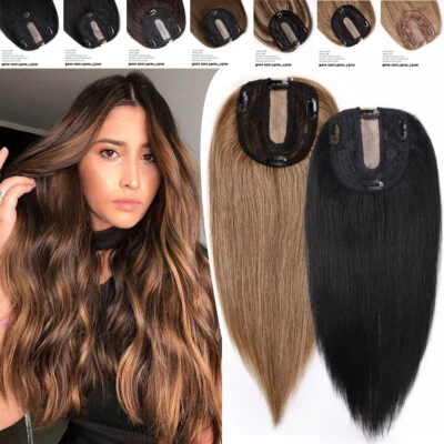 100% Remy Human Hair Toupee Silk Base Topper Clip In Hairpiece Bang Women 4clips - Image 1 of 4