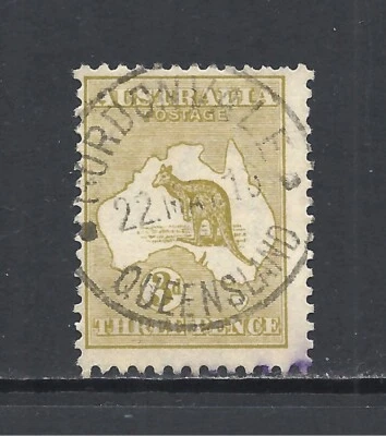 AUSTRALIA SCOTT 47a USED FINE - 1915 3p OLIVE BISTER ISSUE - KANGAROO & MAP - Image 1 of 3