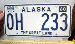 Vintage Metall Alaska Nummernschild 1968 Ausgabe, OH 233, The Great Land, 1969 Etikett - Bild 1 von 2