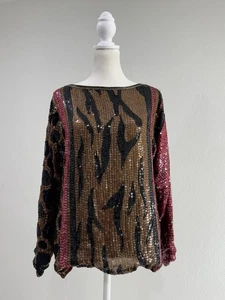 Vintage Judith Ann Creations Seide Pailletten Perlen Top Animal Print gemischtes Muster M - Bild 1 von 13