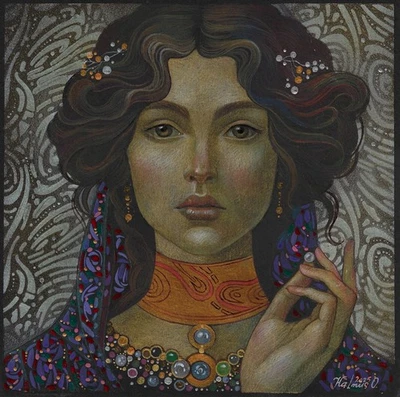 Pintura Original 20 x 20 cm 217KO Obra Oro Acrílico, Retrato Mujer Pastel Foto 1 de 4