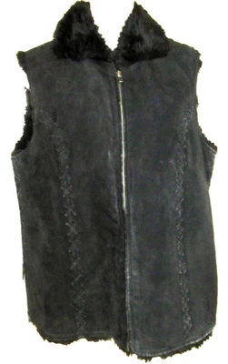 Chaleco de gamuza negro tallado con volantes de colección forro de piel moto cremallera frontal chaqueta para mujer M Foto 1 de 4