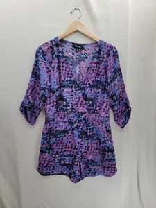 Charlie Jade 100% Silk Purple 3/4 Sleeve V-neck zip side Snap front Romper Sz-M - Picture 1 of 12