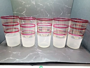 Depression 5 Glass Frosted Retro Tumblers Juice Glasses Red & Gold Bands SALE - Picture 1 of 11