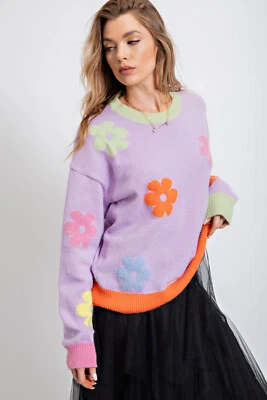 Suéter para mujer Caballete tejido patrón margarita con ribete en contraste ajuste relajado-M Foto 1 de 3