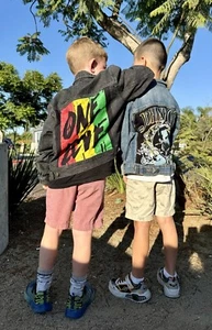 Retro Vintage BOB MARLEY Denim Kids Jacket ONE LOVE Black Upcycled Reggae Sz XL - Picture 1 of 11