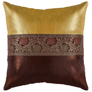 Yellow & Brown Silky Satin Cushion Cover Throw Pillow Cover 16x16 (1 Pc) - Picture 1 of 3