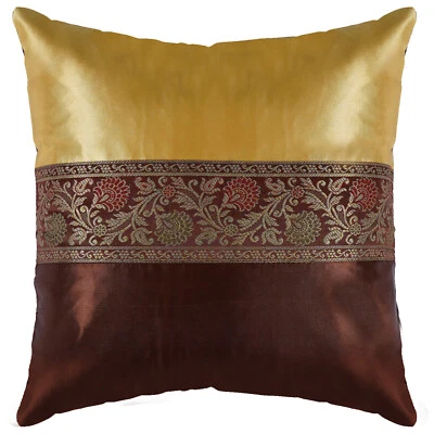 Yellow & Brown Silky Satin Cushion Cover Throw Pillow Cover 16x16  (1 Pc) - image 1 of 3