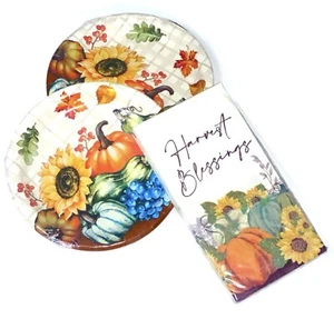 Pumpkin Sunflower Harvest Dessert Plates & "Harvest Blessings" Paper Napkin Set - Picture 1 of 3