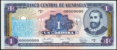 Nicaragua 1 Cordoba 1990, UNC, SPECIMEN, Serie A 00000000, P-173s - Image 1 of 4