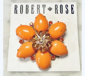 Robert Rose Rhinestone Acrylic Orange Flower Brooch New On Card - Picture 1 of 2