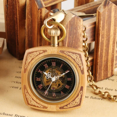 Antique Mens Automatic Mechanical Skeleton Pocket Watch Square Case Chain Gifts - Image 1 of 4