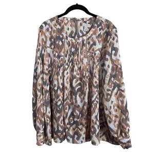 LOGO Lori Goldstein Peasant Blouse Size L Brown Tan Print Boat Neck Long Sleeve - Picture 1 of 7