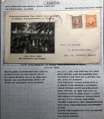 1936 St Jean Canadá Primer Día Transporte a Vapor Aniversario Cubierta a Toronto Foto 1 de 3