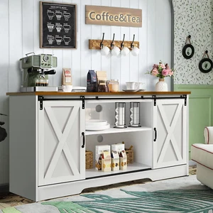 Farmhouse Coffee Bar Cabinet, 59" Buffet Cabinet with Storage & Sliding Barn Doo - Picture 1 of 9