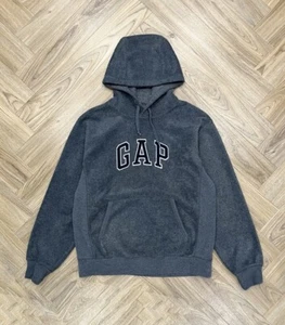 Vintage GAP USA Pullover Spell Out Logo Grigio Scuro Felpa con Cappuccio in Pile Uomo S - Foto 1 di 6