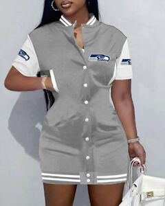 Seattle Seahawks Women Slim Fit Varsity Dress Snap Button Short Sleeve Dress Top