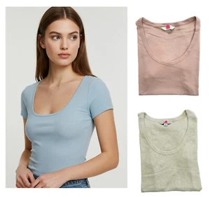 Ladies Marks Ribbed Scoop Neck T-Shirt Top Cotton Rich Short Sleeved Pink Blue - Picture 1 of 14
