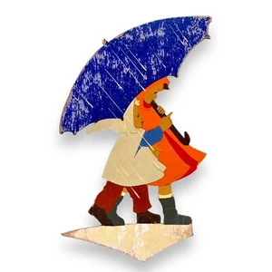 1950er Kunstgewerbe-Holzbild Seltene Hellerkunst Regenkinder mit Kapuze Mängel - Bild 1 von 9
