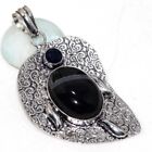 925 Silver Plated-Banded Black Onyx Blue Topaz Ethnic Pendant Jewelry 2.5" AU b2