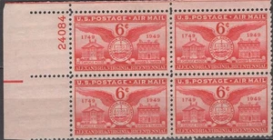 SC# C40 - 1949 6¢ - Posta Aerea Alessandria, VA - Zecca mai incernierata - Blocco targa di 4 - Foto 1 di 1