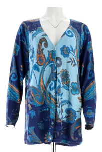 Isaac Mizrahi Live V Neck Engineered Paisley Printed Cardigan Blue Multi XS - Foto 1 di 4