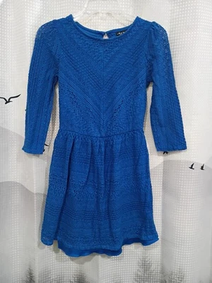 Rudy Rox Woman's Medium blue crochet lace mini dress with 3/4 sleeves. Mix Fiber - Image 1 of 4