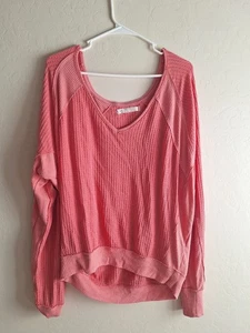 We the Free People Waffle Knit Top Size Small Distressed Peach Pink Oversized - Picture 1 of 5