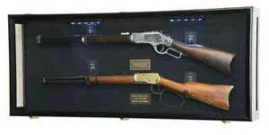 Gun Display Case Double Black LED Rifle Wood Clear View Wall Shadow Box Cabinet - Picture 1 of 9