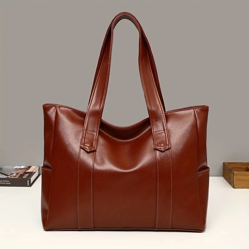 Women's Large Brown PU Leather Minimalist Classic Shoulder Tote Bag Handbag Work - Image 1 of 4