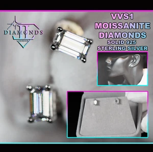 Moissanite Baguette Diamond Ear Studs, Womens Moissanite Baguette Earrings - Picture 1 of 9