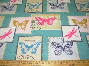 9 4/8 YDS P KAUFMANN BUTTERFLIES POSTAL STAMPS COTTON UPHOLSTERY FABRIC FOR LESS - Picture 1 of 3