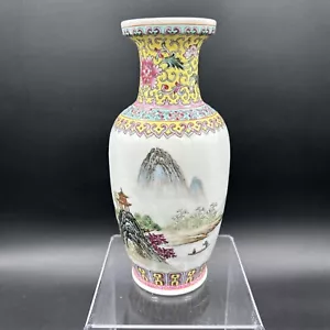 Antique Vintage Chinese Porcelain Hand Painted Vase Mountain, Tree 8 1/4 Inch - Picture 1 of 10