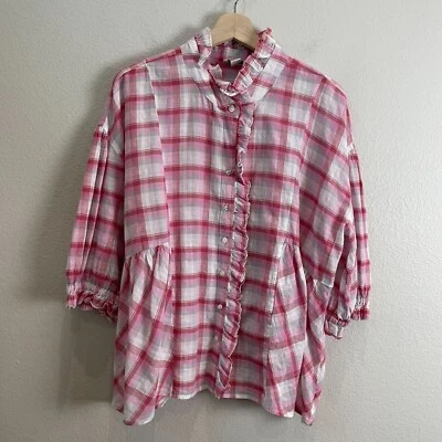 Blusa Top Sundance Mujer Grande Janis Rosa Cuadros Boho Volantes Botón Delantero Foto 1 de 4