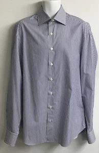 Men’s Cesare Attolini Dress Shirt 42 R Royal Blue & White Striped L S Cotton - Picture 1 of 11