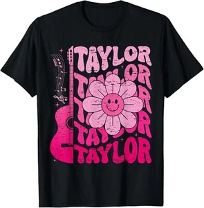 Girl Retro Taylor First Name Personalized Groovy 80's Pink T-Shirt Hoodie - Picture 1 of 15