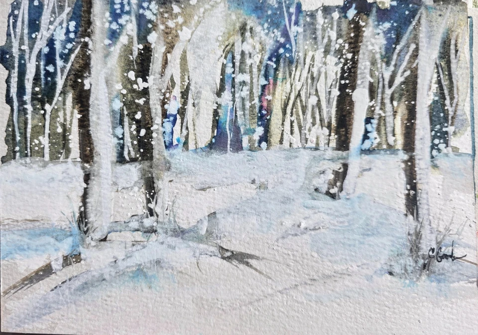 Оригинальная подписанная акварельная картина. Snowy. Вудс. Пейзаж. Рождество. Лес. - Изображение 1 из 1