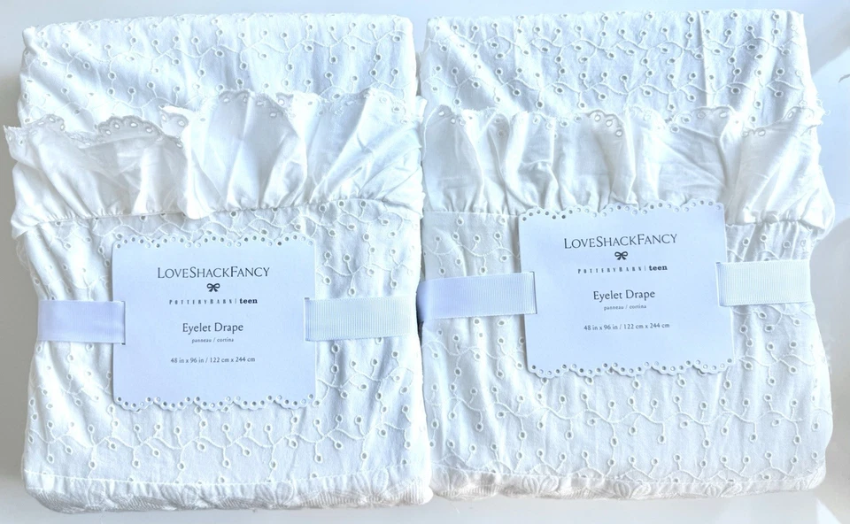 Two LoveShackFancy Pottery Barn Teen Eyelet Drapes, 48” x 96”, NWT, Retail $458 - Image 1 of 4